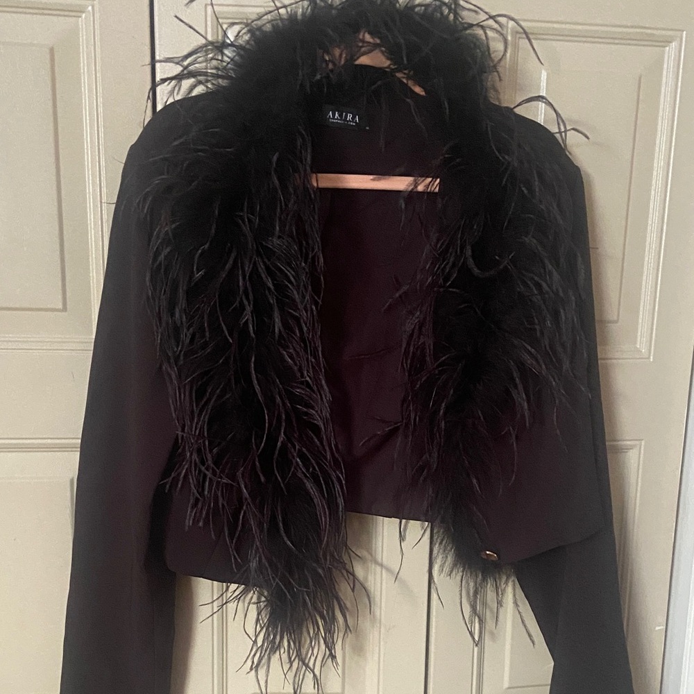 AKIRA Black Feather-Trimmed Women's Blazer 1x
